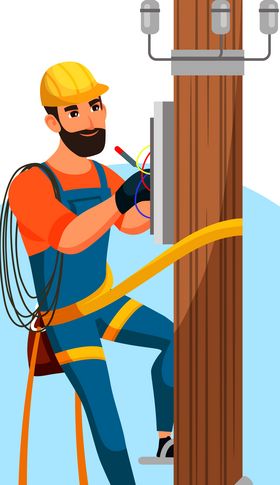 Electrician repairing city electrical installation. Man in helmet and uniform climbing on wooden post with cable and wire in box, electric network and system maintenance power line support service